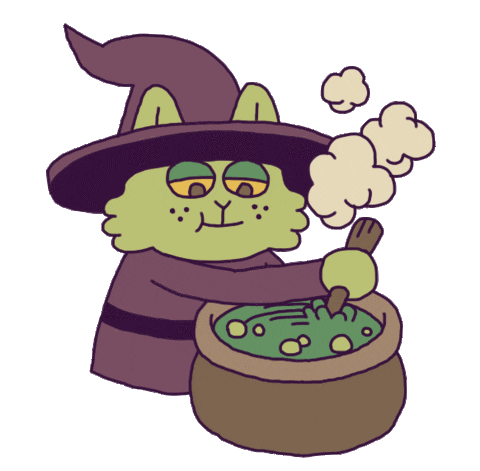 green cat witch stirring cauldron doodle