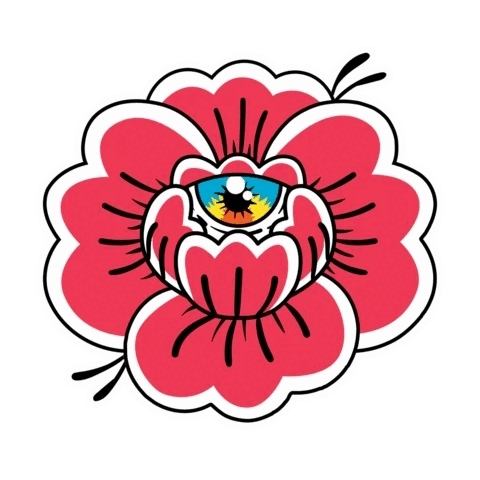 red flower with eye doodle