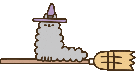 pusheen stormy witch flying on broom doodle